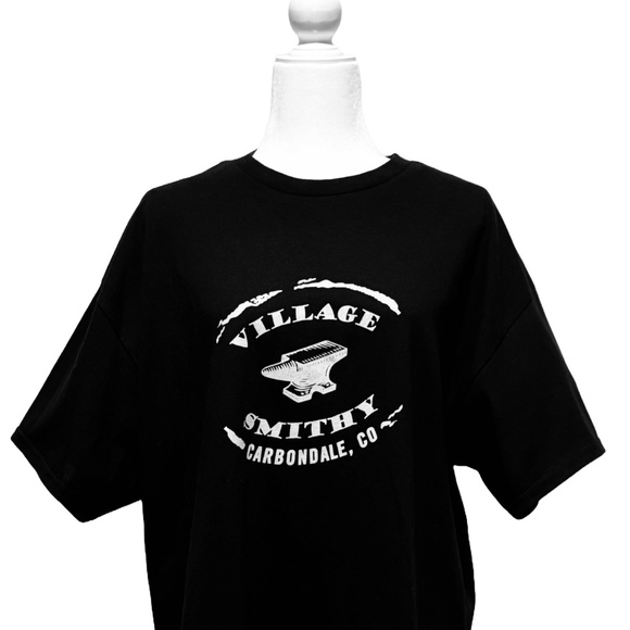 Black “VILLAGE SMITHY” Short Sleeve Tee with Graphic Design - Picture 1 of 2